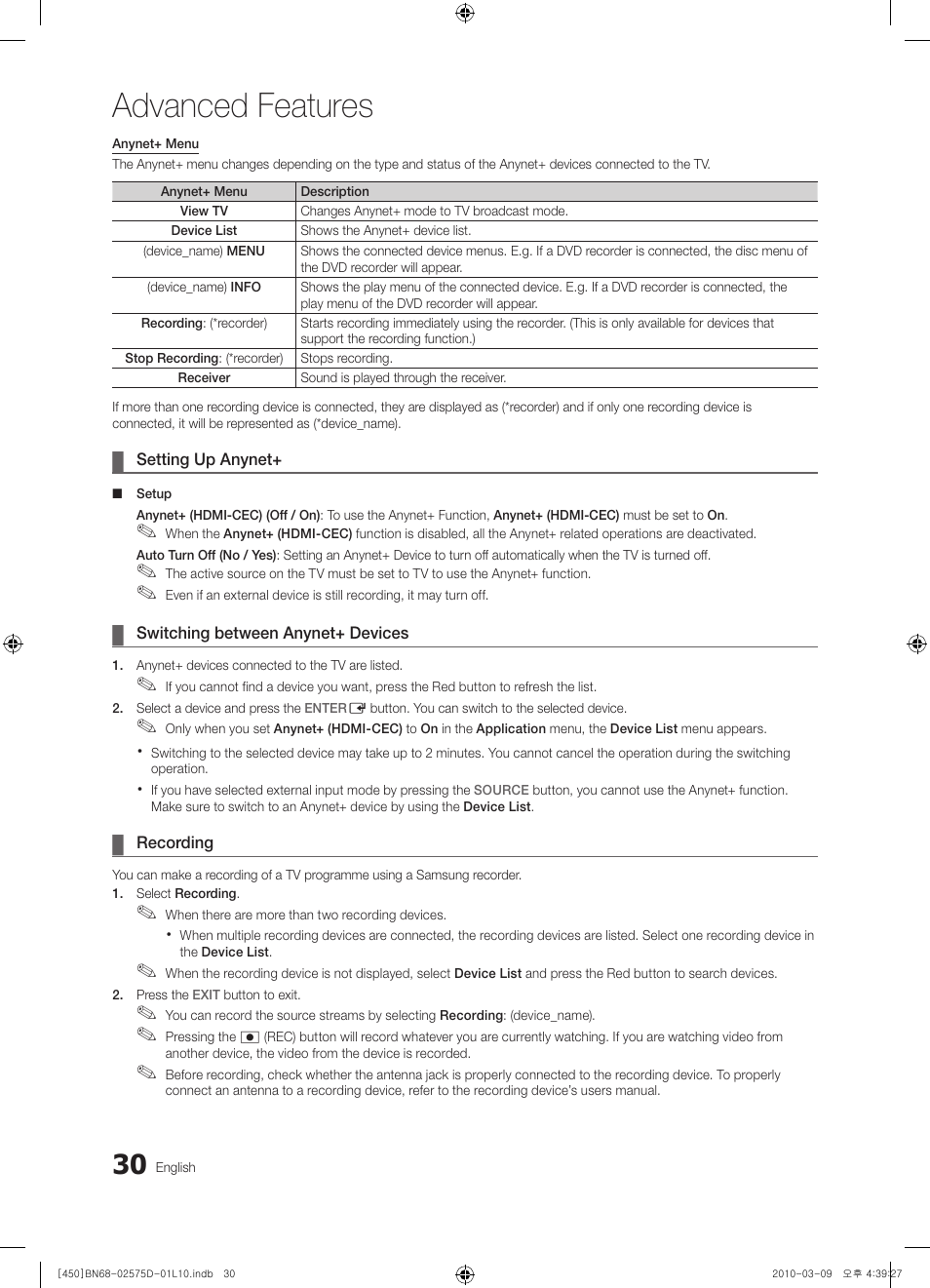 Advanced features | Samsung PS42C450B1W User Manual | Page 30 / 401