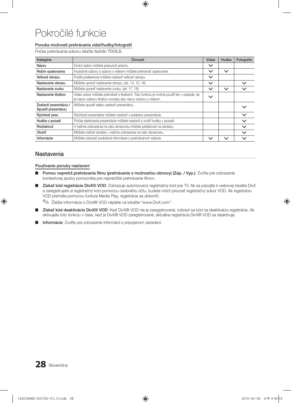 Pokročilé funkcie, Nastavenia | Samsung PS42C450B1W User Manual | Page 308 / 401