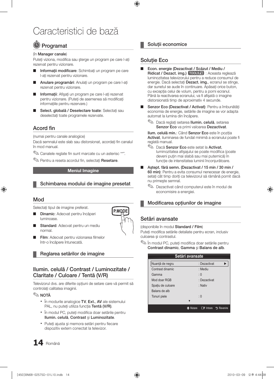 Caracteristici de bază, Programat, Acord fin | Soluţie eco, Setări avansate | Samsung PS42C450B1W User Manual | Page 334 / 401
