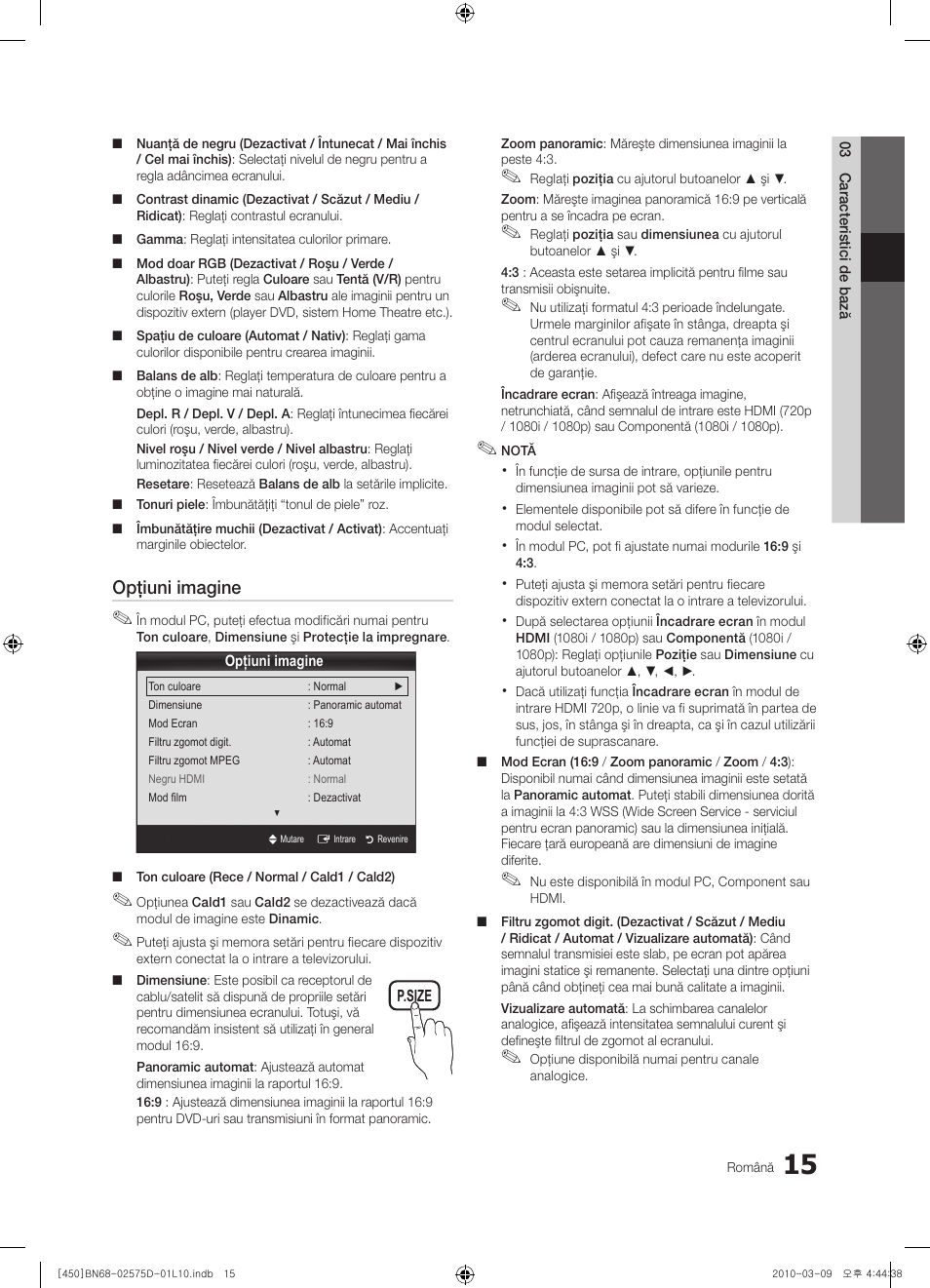 Opţiuni imagine | Samsung PS42C450B1W User Manual | Page 335 / 401