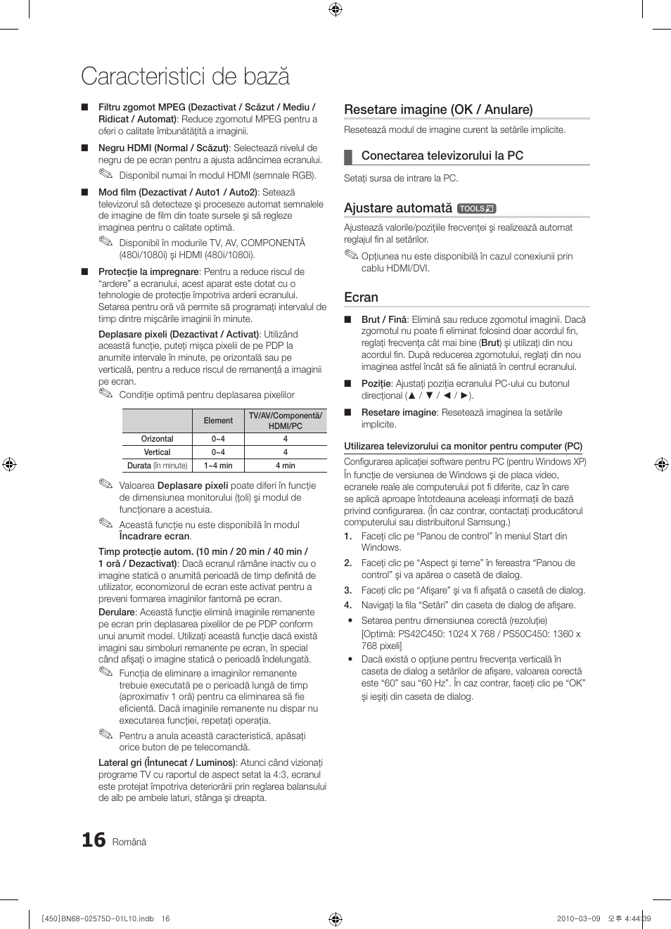 Caracteristici de bază, Resetare imagine (ok / anulare), Ajustare automată | Ecran | Samsung PS42C450B1W User Manual | Page 336 / 401