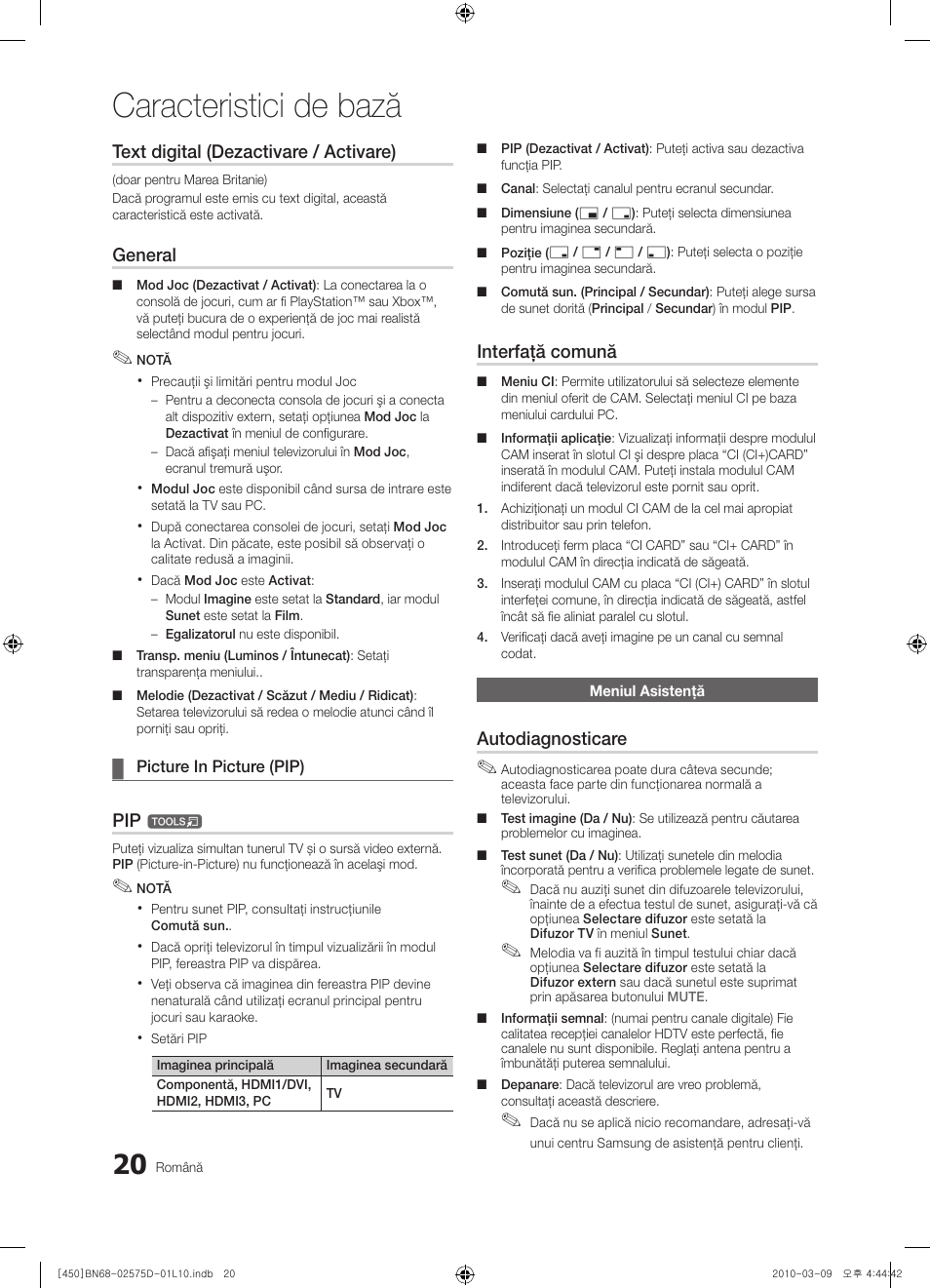 Caracteristici de bază, Text digital (dezactivare / activare), General | Interfaţă comună, Autodiagnosticare | Samsung PS42C450B1W User Manual | Page 340 / 401