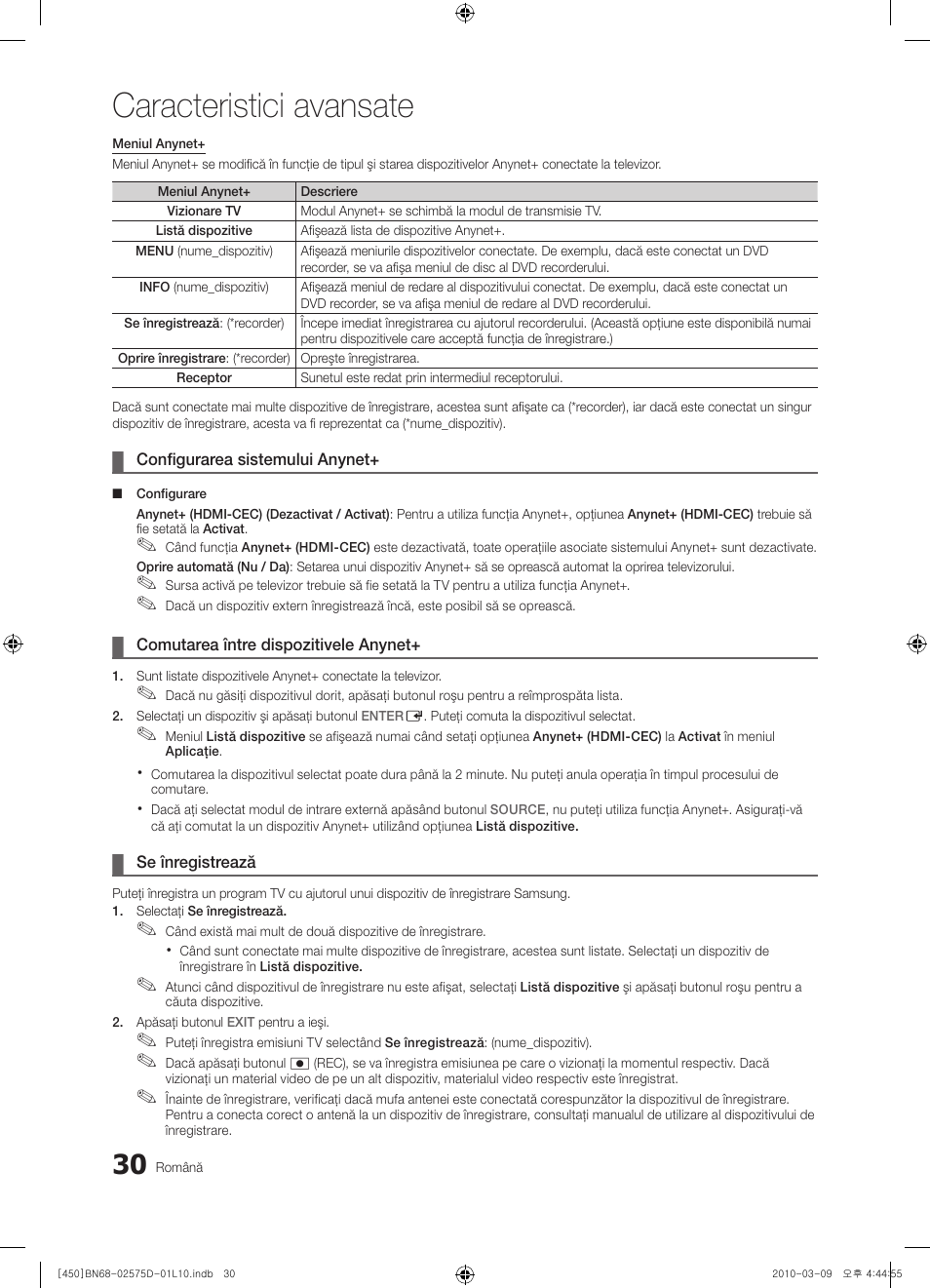 Caracteristici avansate | Samsung PS42C450B1W User Manual | Page 350 / 401