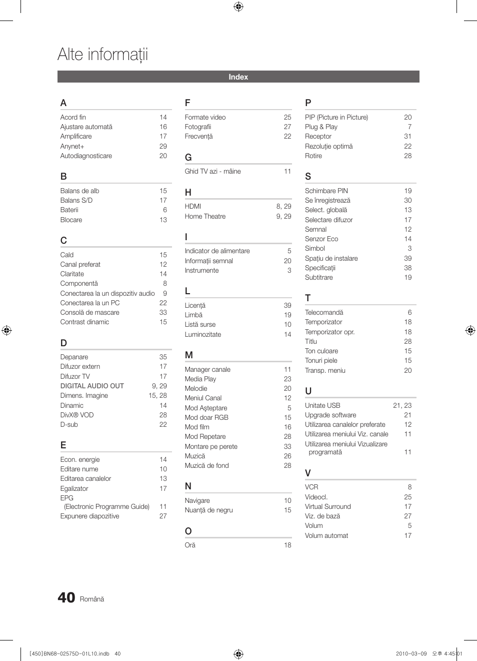 Alte informaţii | Samsung PS42C450B1W User Manual | Page 360 / 401