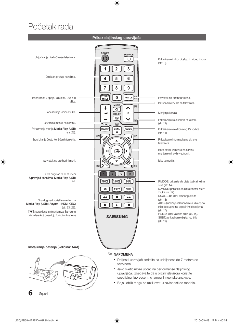 Početak rada | Samsung PS42C450B1W User Manual | Page 366 / 401
