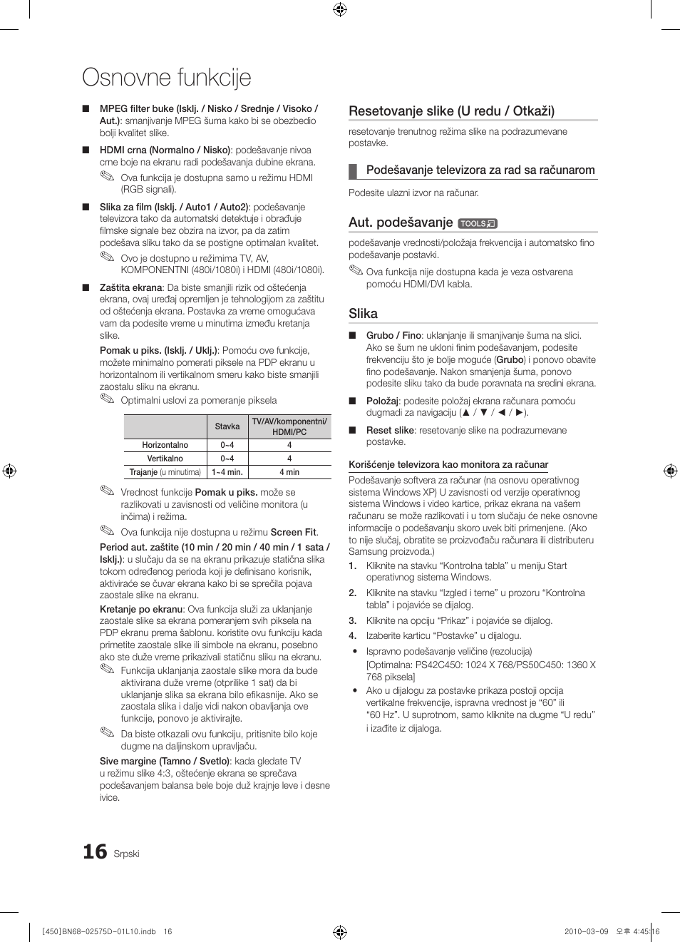 Osnovne funkcije, Resetovanje slike (u redu / otkaži), Aut. podešavanje | Slika | Samsung PS42C450B1W User Manual | Page 376 / 401