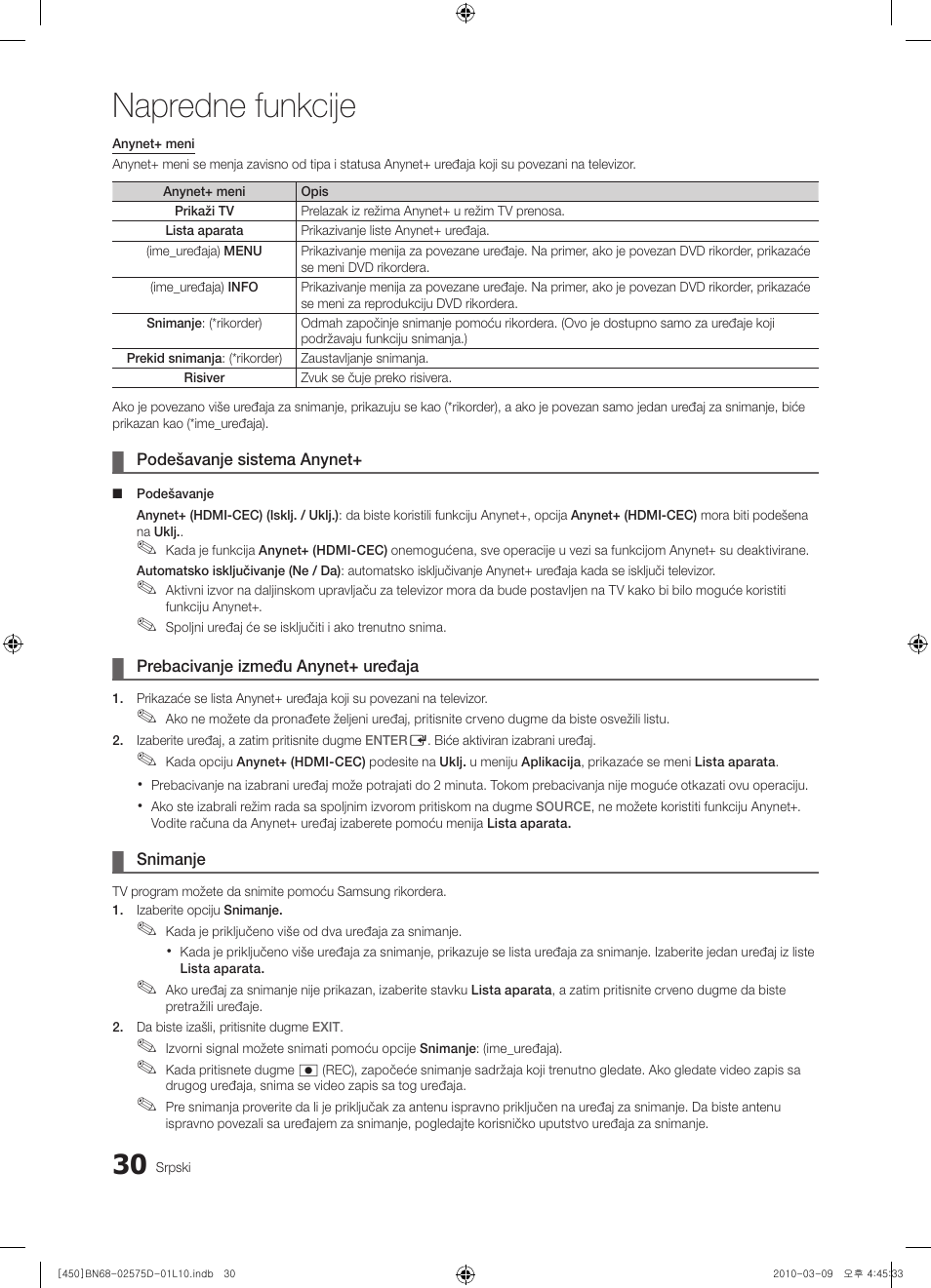 Napredne funkcije | Samsung PS42C450B1W User Manual | Page 390 / 401