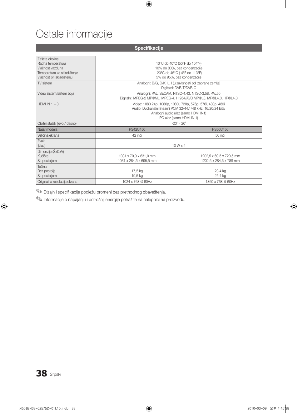 Ostale informacije | Samsung PS42C450B1W User Manual | Page 398 / 401