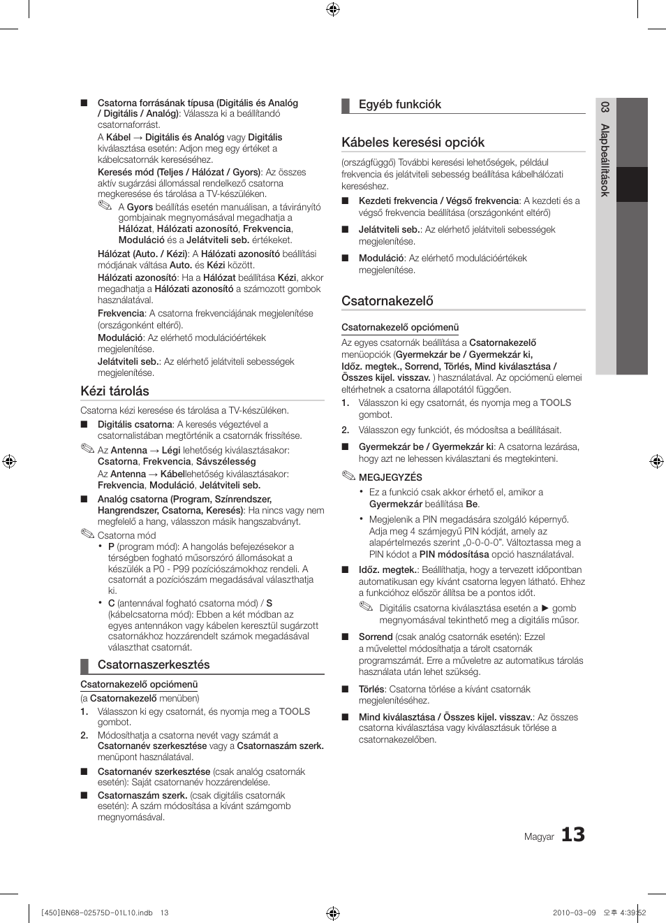 Kézi tárolás, Kábeles keresési opciók, Csatornakezelő | Samsung PS42C450B1W User Manual | Page 53 / 401