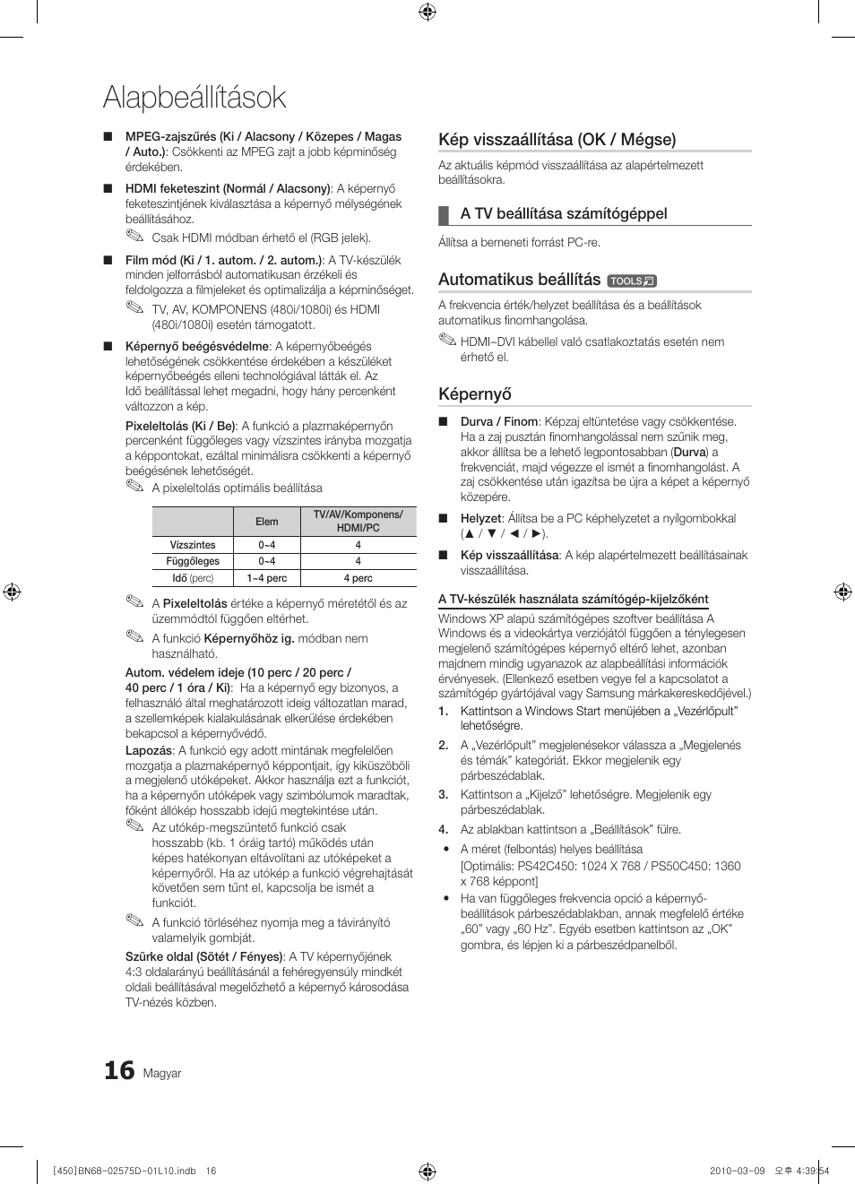 Alapbeállítások, Kép visszaállítása (ok / mégse), Automatikus beállítás | Képernyő | Samsung PS42C450B1W User Manual | Page 56 / 401