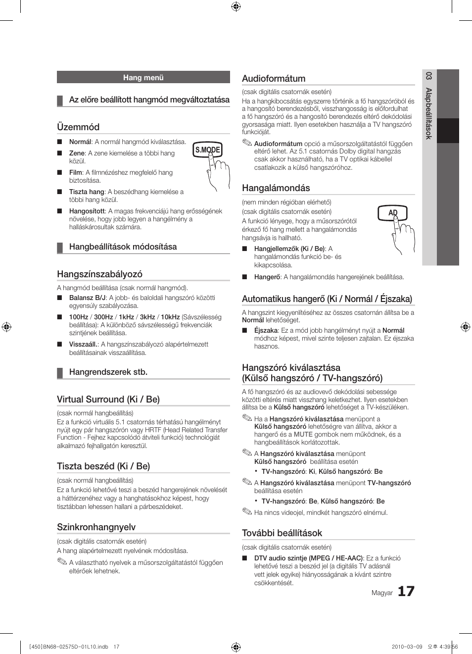 Üzemmód, Hangszínszabályozó, Virtual surround (ki / be) | Tiszta beszéd (ki / be), Szinkronhangnyelv, Audioformátum, Hangalámondás, Automatikus hangerő (ki / normál / éjszaka), További beállítások | Samsung PS42C450B1W User Manual | Page 57 / 401
