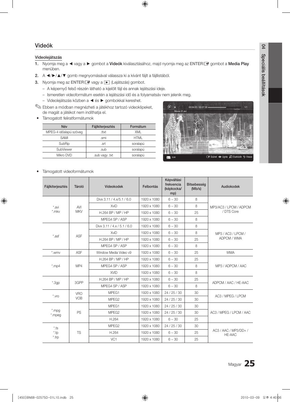 Videók | Samsung PS42C450B1W User Manual | Page 65 / 401