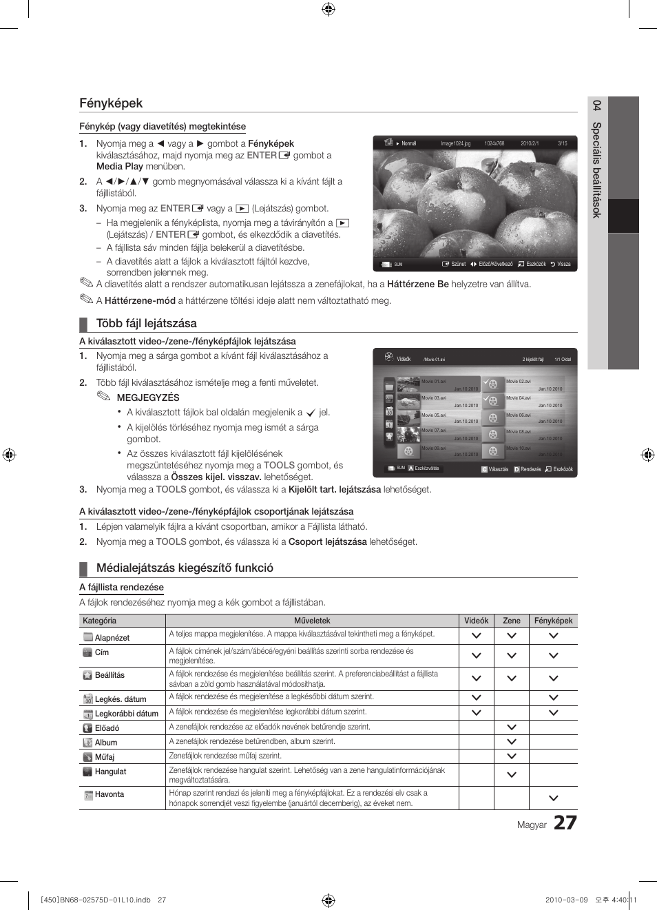 Fényképek, Több fájl lejátszása, Médialejátszás kiegészítő funkció | Samsung PS42C450B1W User Manual | Page 67 / 401