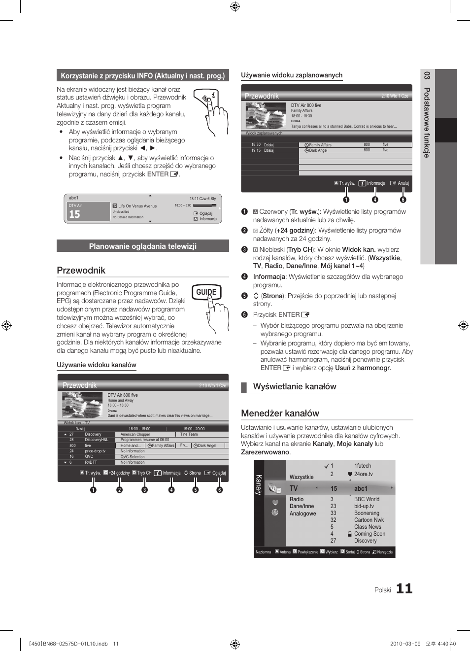 Przewodnik, Menedżer kanałów, Wyświetlanie kanałów | Guide, Planowanie oglądania telewizji, Kanały | Samsung PS42C450B1W User Manual | Page 91 / 401
