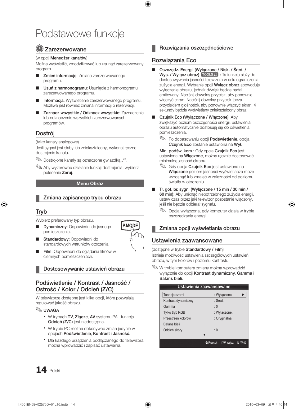 Podstawowe funkcje, Zarezerwowane, Dostrój | Tryb, Rozwiązania eco, Ustawienia zaawansowane | Samsung PS42C450B1W User Manual | Page 94 / 401