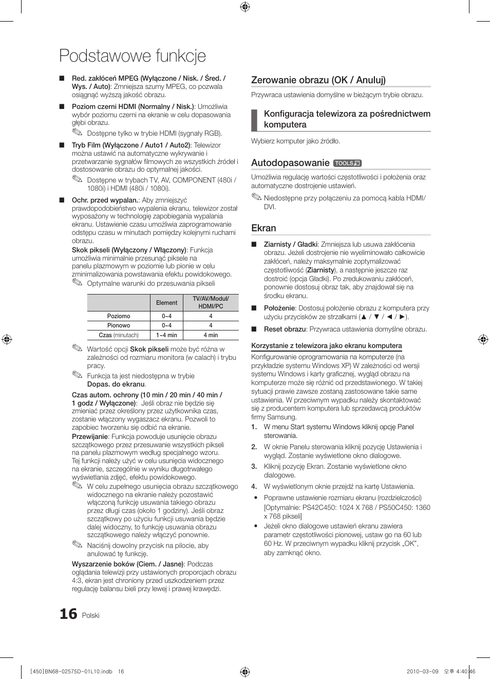 Podstawowe funkcje, Zerowanie obrazu (ok / anuluj), Autodopasowanie | Ekran | Samsung PS42C450B1W User Manual | Page 96 / 401