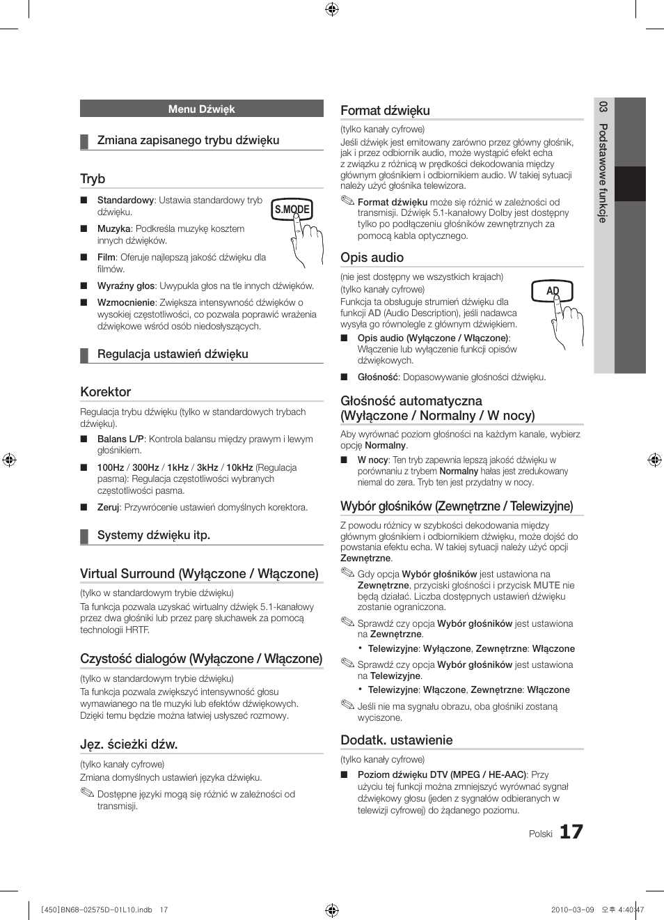 Tryb, Korektor, Virtual surround (wyłączone / włączone) | Czystość dialogów (wyłączone / włączone), Jęz. ścieżki dźw, Format dźwięku, Opis audio, Wybór głośników (zewnętrzne / telewizyjne), Dodatk. ustawienie | Samsung PS42C450B1W User Manual | Page 97 / 401