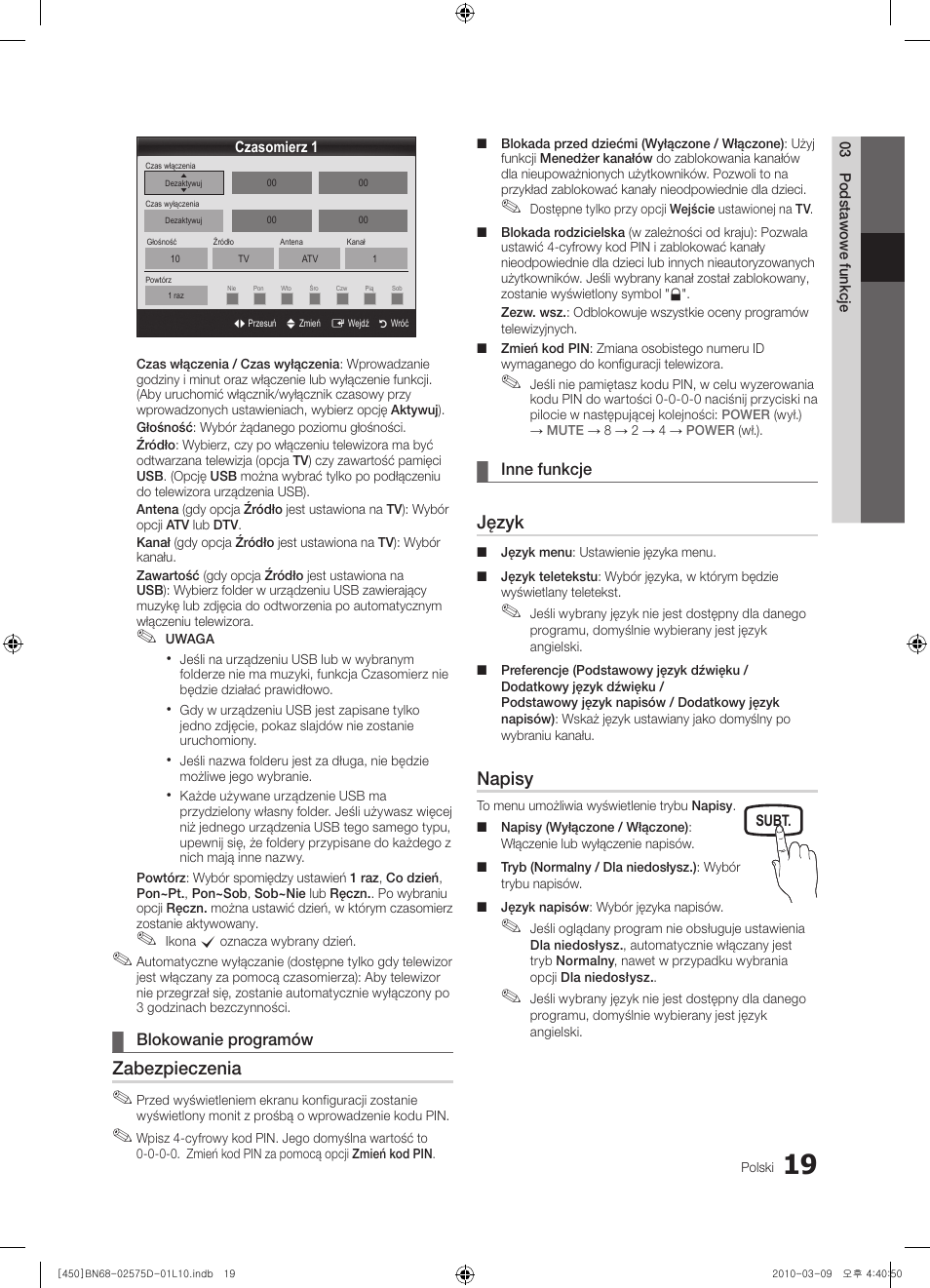 Zabezpieczenia, Język, Napisy | Samsung PS42C450B1W User Manual | Page 99 / 401
