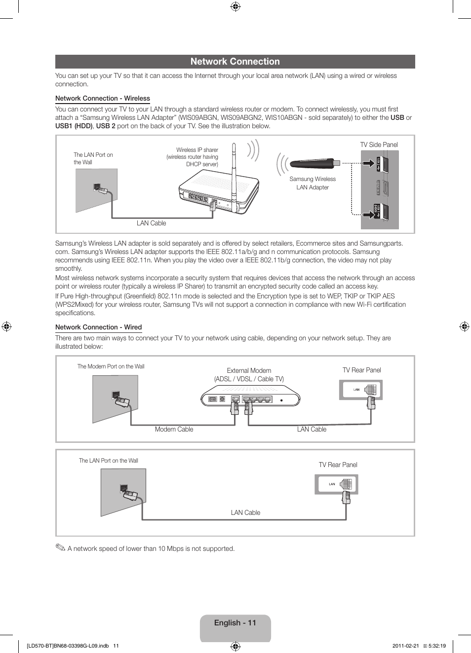Network connection | Samsung LE40D570K2S User Manual | Page 11 / 145