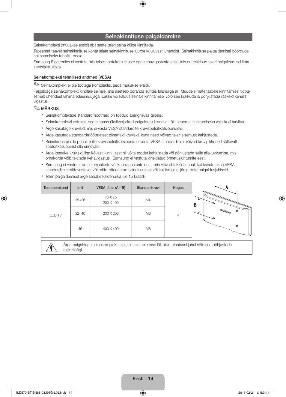 Seinakinnituse paigaldamine | Samsung LE40D570K2S User Manual | Page 110 / 145