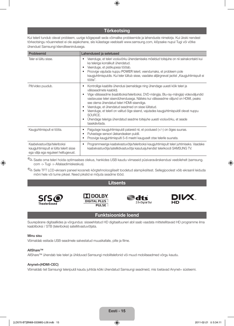 Tõrkeotsing, Litsents funktsioonide loend | Samsung LE40D570K2S User Manual | Page 111 / 145