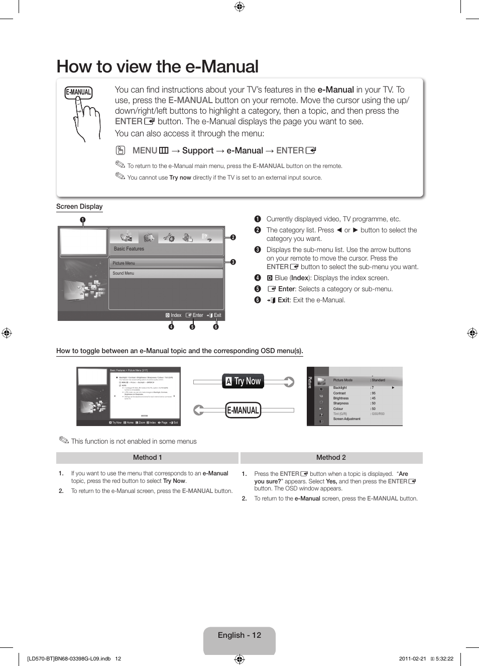 How to view the e-manual, A try now, E-manual | Menu m → support → e-manual → enter e | Samsung LE40D570K2S User Manual | Page 12 / 145