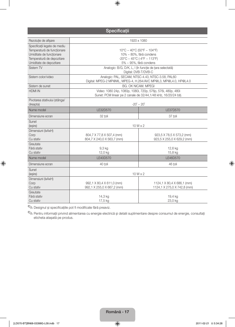 Specificaţii | Samsung LE40D570K2S User Manual | Page 129 / 145