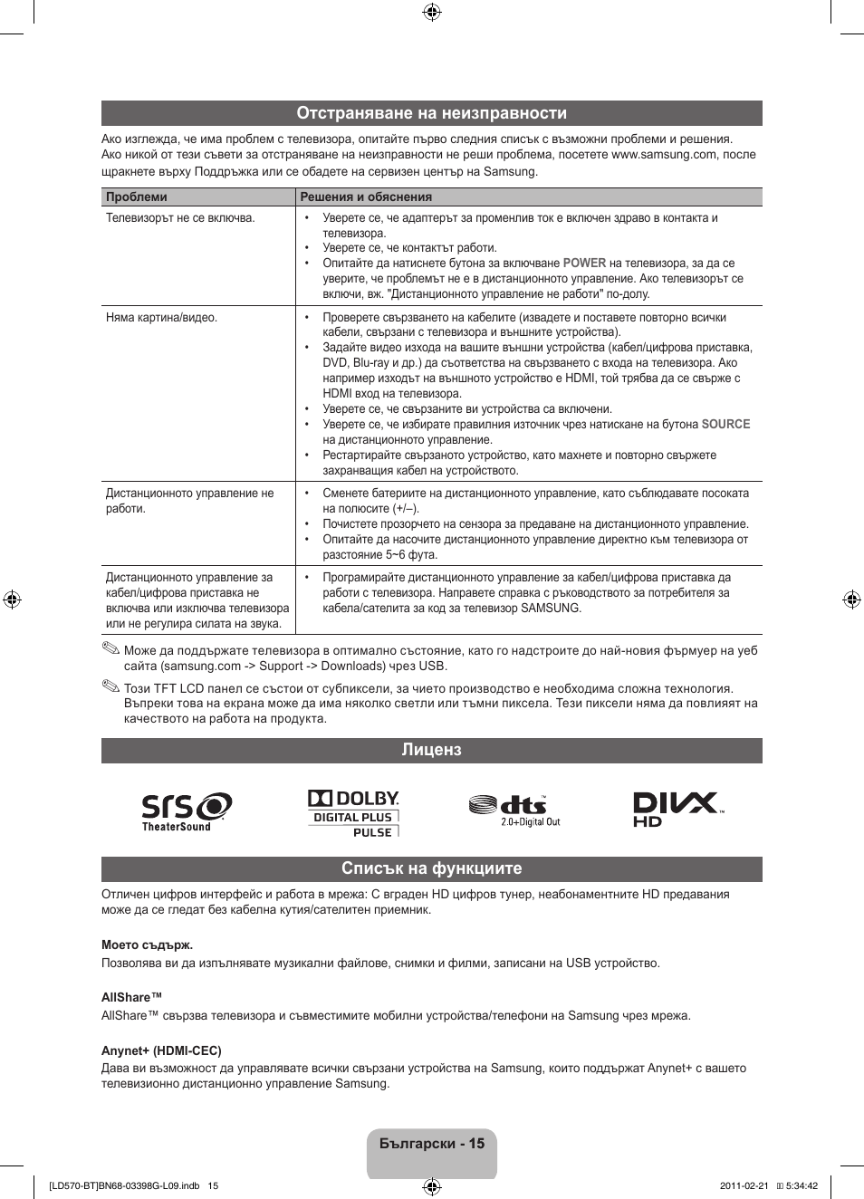 Отстраняване на неизправности, Лиценз списък на функциите | Samsung LE40D570K2S User Manual | Page 143 / 145