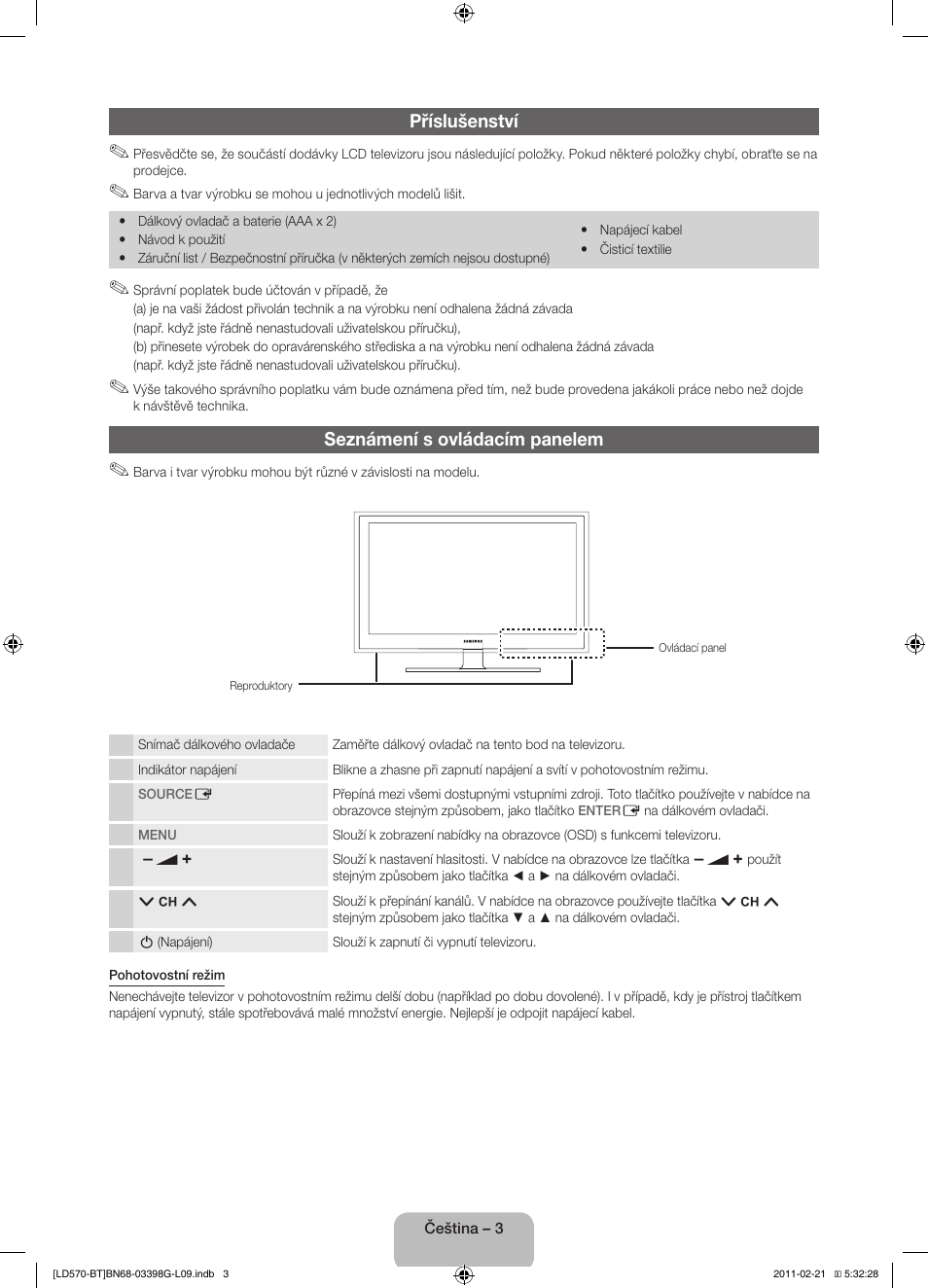 Příslušenství, Seznámení s ovládacím panelem | Samsung LE40D570K2S User Manual | Page 19 / 145