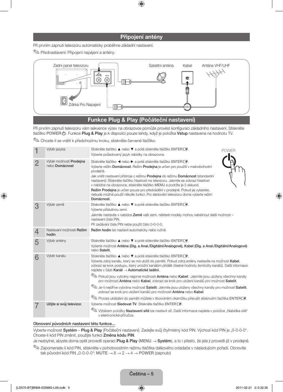 Připojení antény, Funkce plug & play (počáteční nastavení) | Samsung LE40D570K2S User Manual | Page 21 / 145