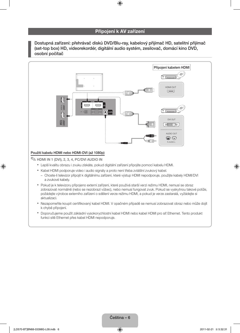 Připojení k av zařízení | Samsung LE40D570K2S User Manual | Page 22 / 145