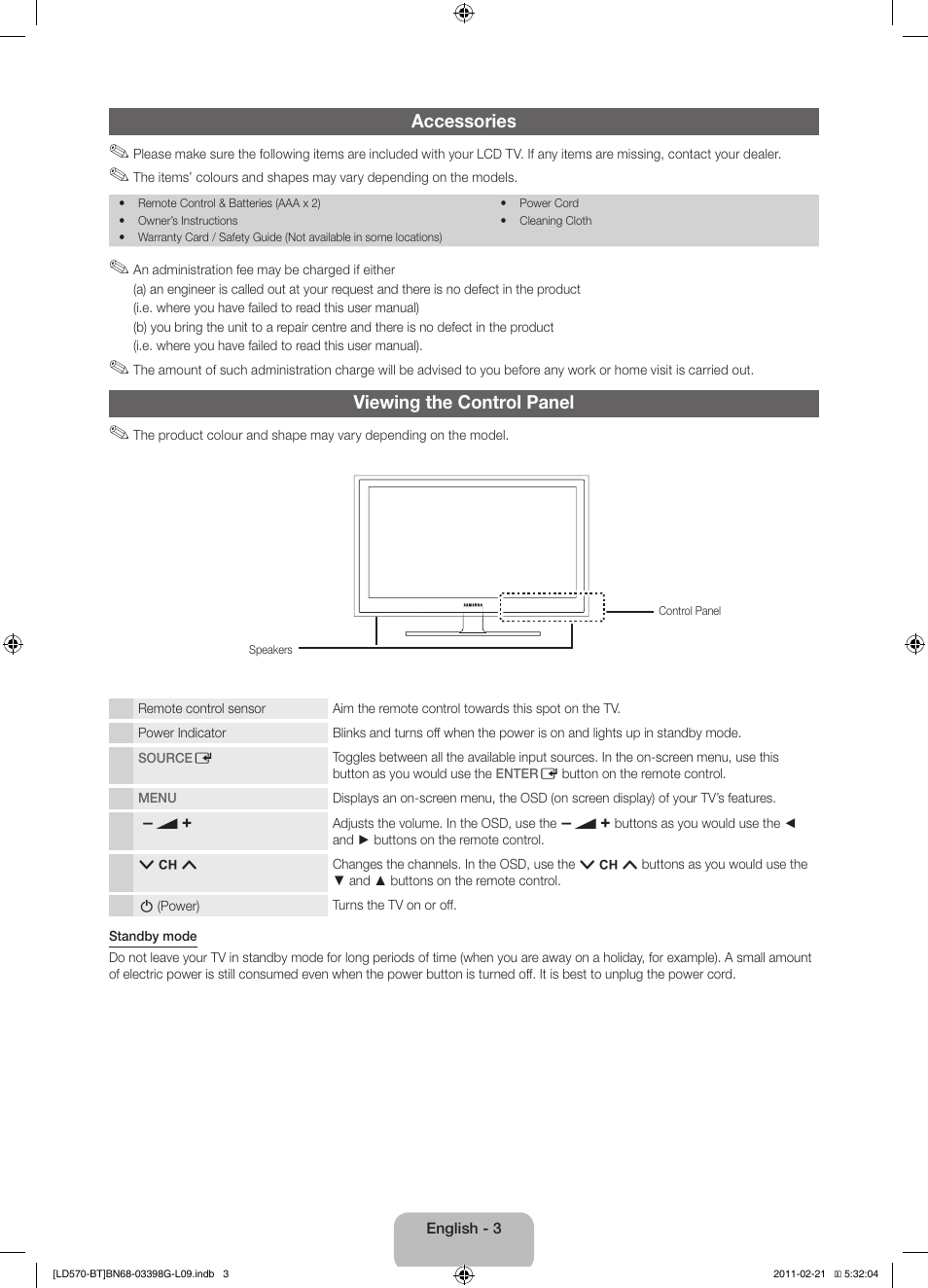 Accessories, Viewing the control panel | Samsung LE40D570K2S User Manual | Page 3 / 145