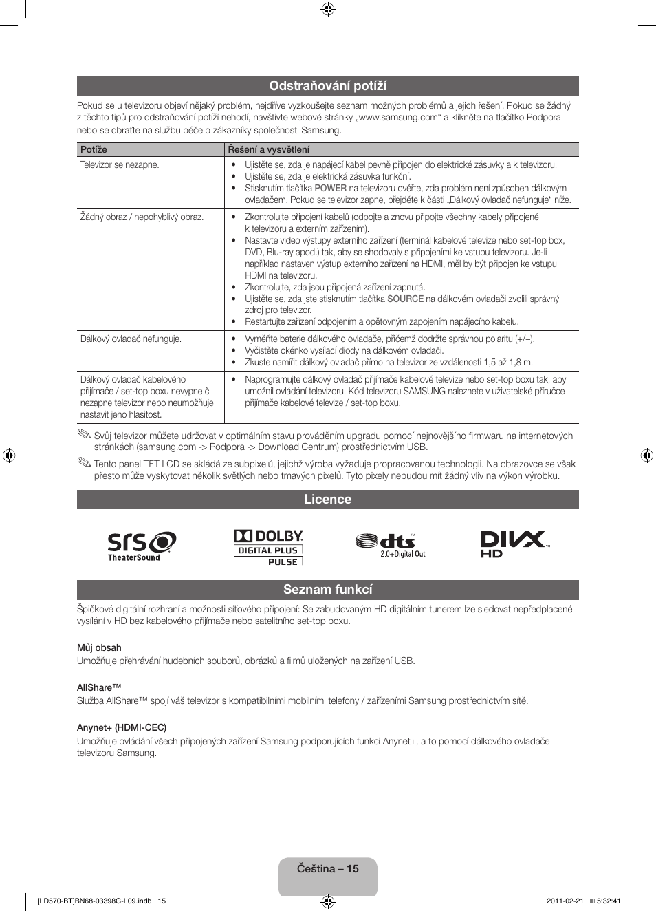 Odstraňování potíží, Licence seznam funkcí | Samsung LE40D570K2S User Manual | Page 31 / 145