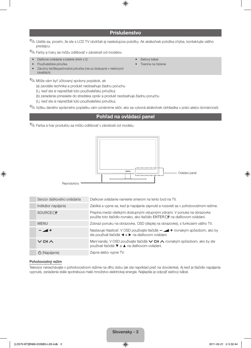Príslušenstvo, Pohľad na ovládací panel | Samsung LE40D570K2S User Manual | Page 35 / 145