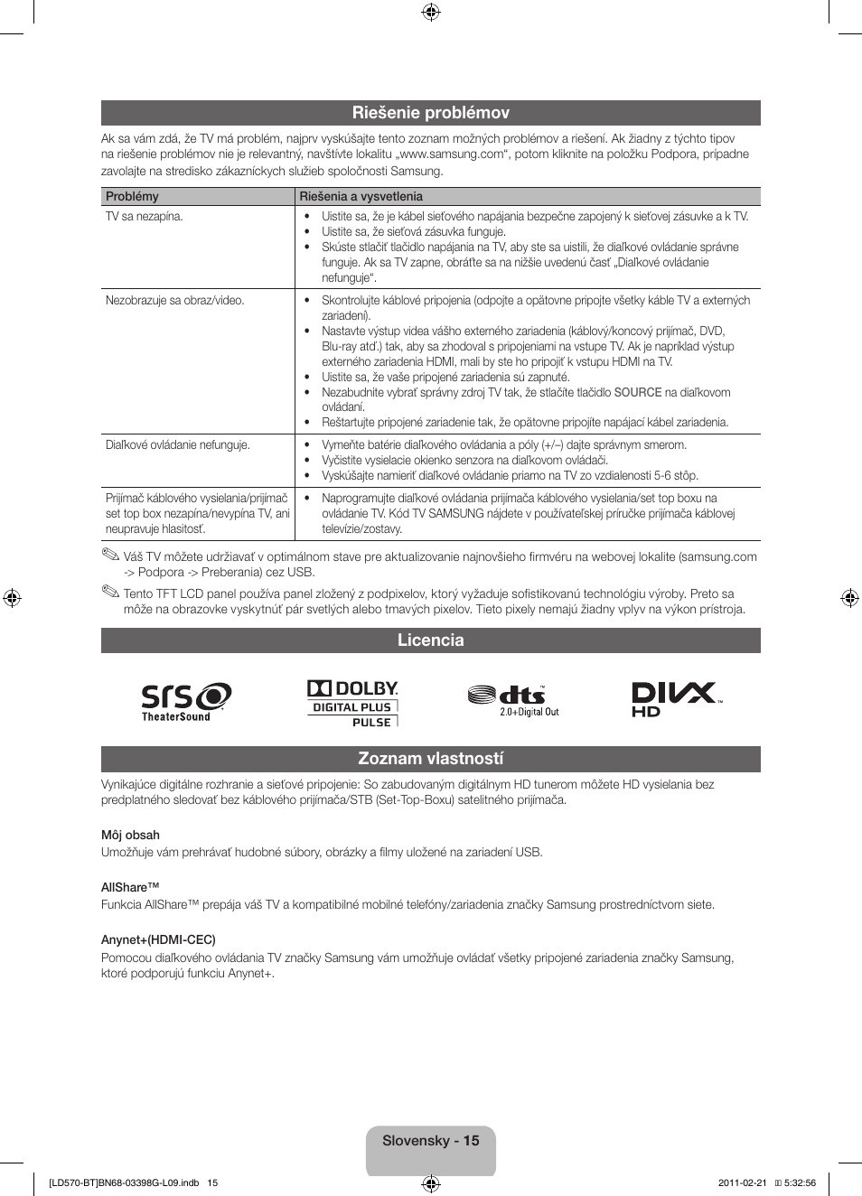 Riešenie problémov, Licencia zoznam vlastností | Samsung LE40D570K2S User Manual | Page 47 / 145