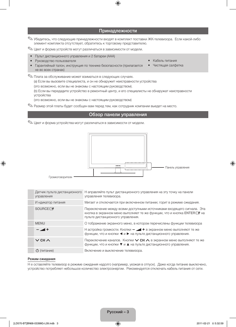 Принадлежности, Обзор панели управления | Samsung LE40D570K2S User Manual | Page 51 / 145