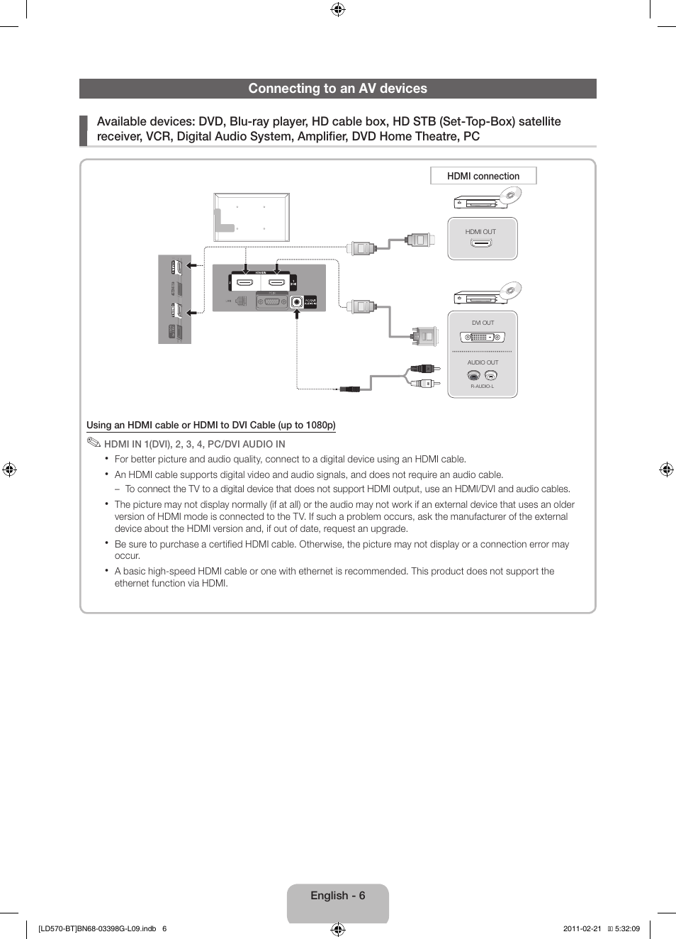 Connecting to an av devices | Samsung LE40D570K2S User Manual | Page 6 / 145