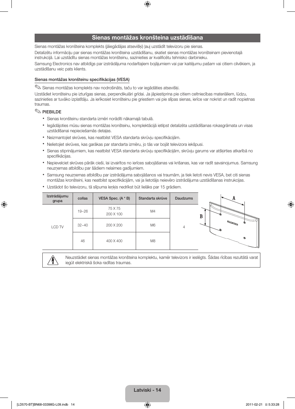 Sienas montāžas kronšteina uzstādīšana | Samsung LE40D570K2S User Manual | Page 78 / 145