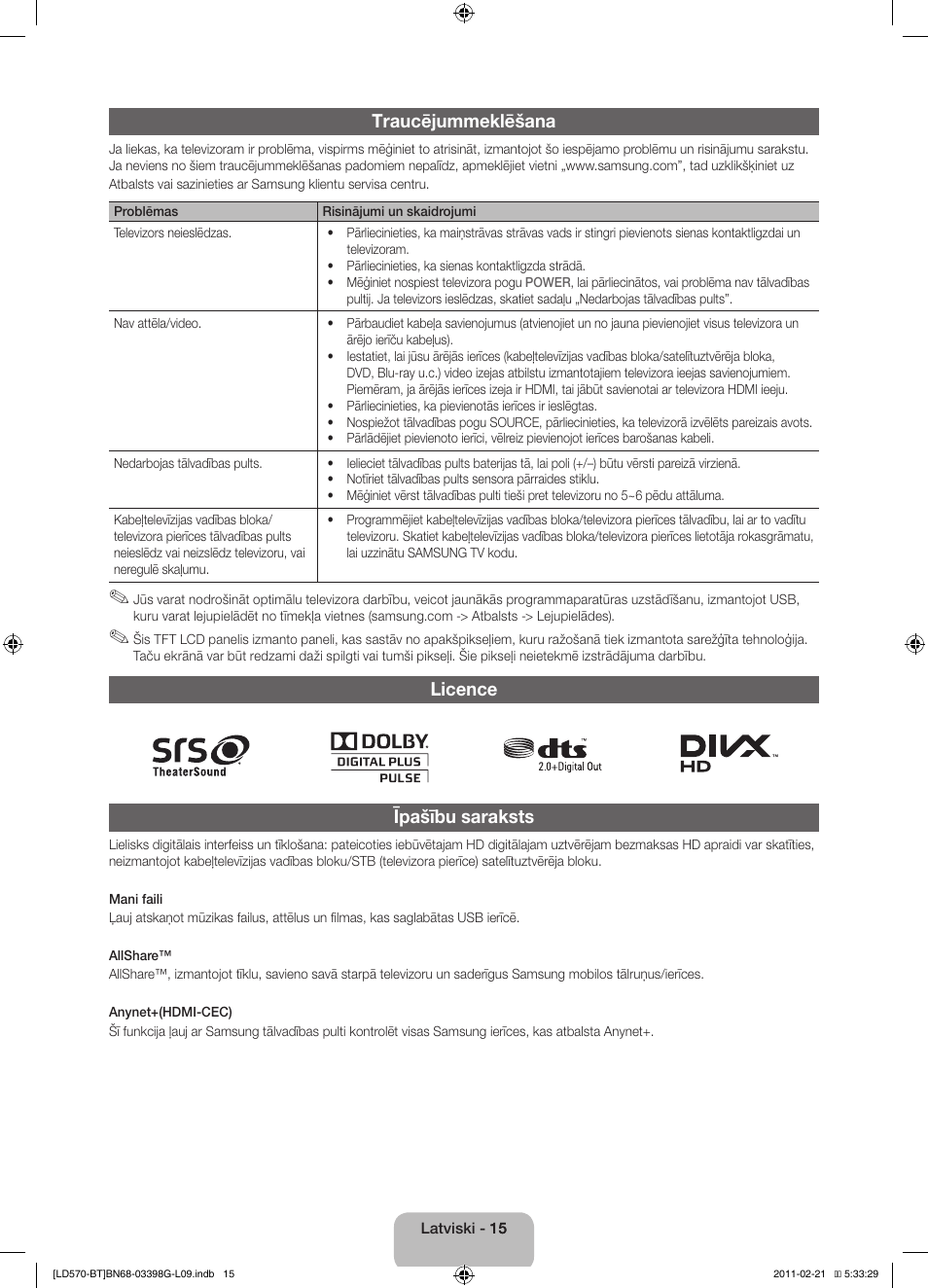 Traucējummeklēšana, Licence īpašību saraksts | Samsung LE40D570K2S User Manual | Page 79 / 145