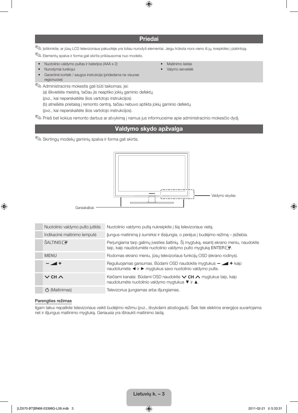 Priedai, Valdymo skydo apžvalga | Samsung LE40D570K2S User Manual | Page 83 / 145