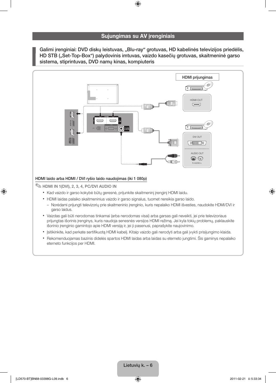 Sujungimas su av įrenginiais | Samsung LE40D570K2S User Manual | Page 86 / 145