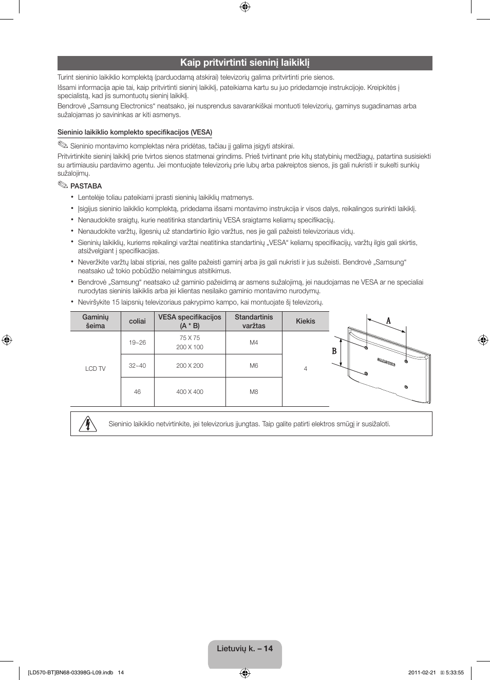 Kaip pritvirtinti sieninį laikiklį | Samsung LE40D570K2S User Manual | Page 94 / 145
