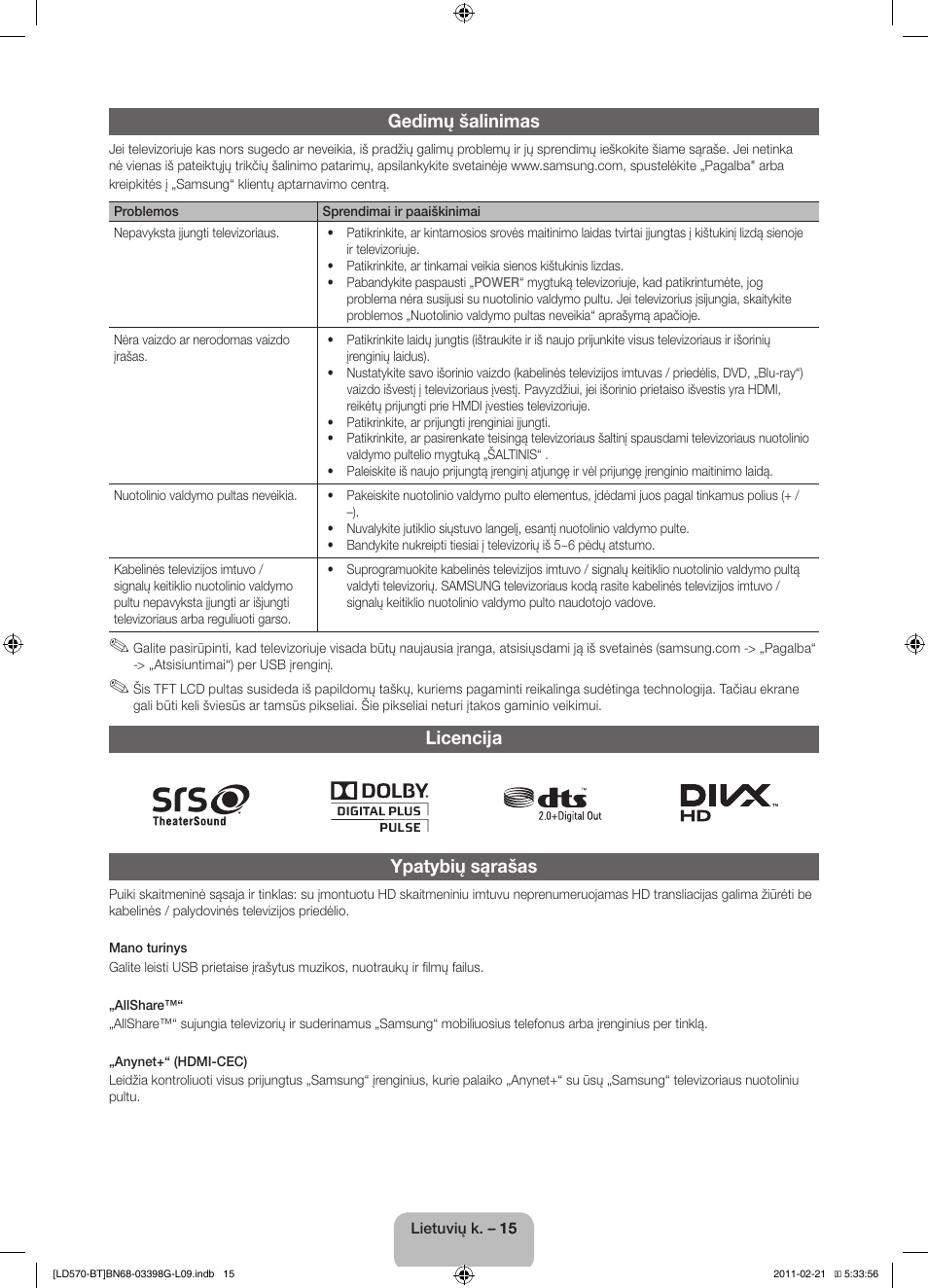 Gedimų šalinimas, Licencija ypatybių sąrašas | Samsung LE40D570K2S User Manual | Page 95 / 145