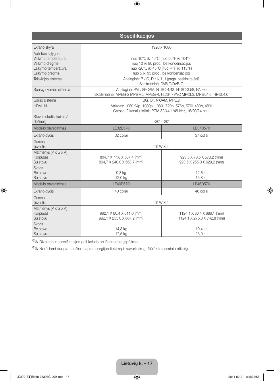 Specifikacijos | Samsung LE40D570K2S User Manual | Page 97 / 145