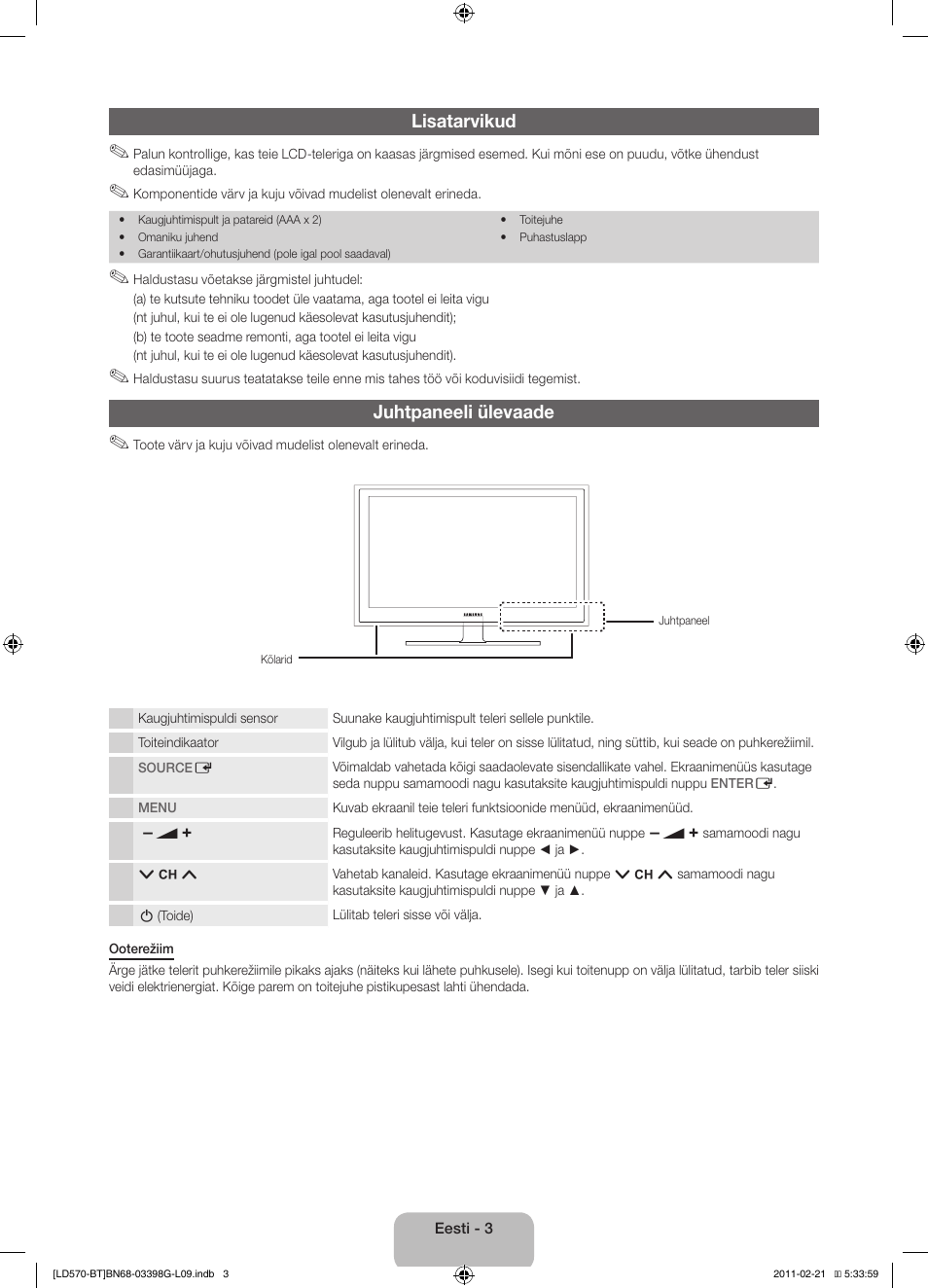 Lisatarvikud, Juhtpaneeli ülevaade | Samsung LE40D570K2S User Manual | Page 99 / 145