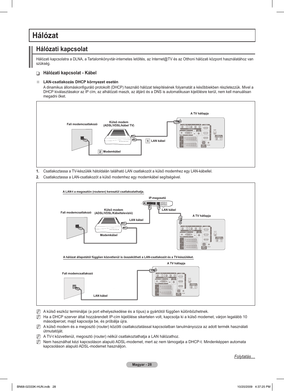 Hálózat, Hálózati kapcsolat, Hálózati kapcsolat - kábel | Samsung PS63B680T6W User Manual | Page 102 / 644