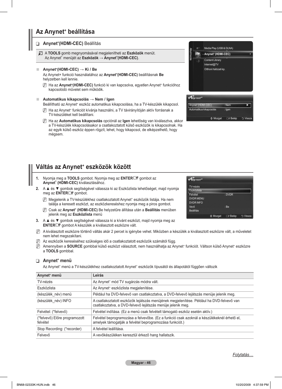 Az anynet, Beállítása, Váltás az anynet | Eszközök között, Anynet, Hdmi-cec) beállítás, Menü | Samsung PS63B680T6W User Manual | Page 120 / 644