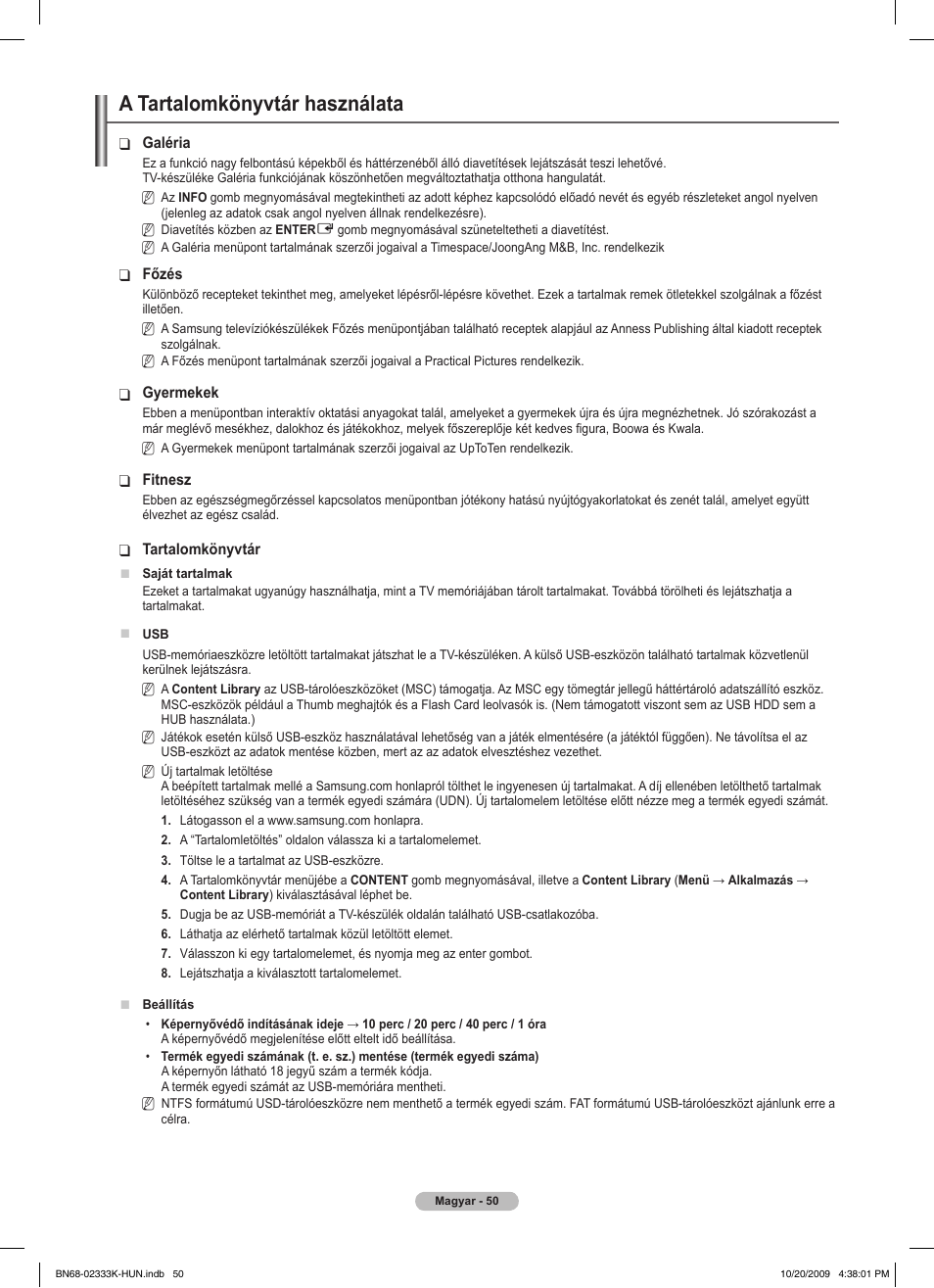 A tartalomkönyvtár használata | Samsung PS63B680T6W User Manual | Page 124 / 644