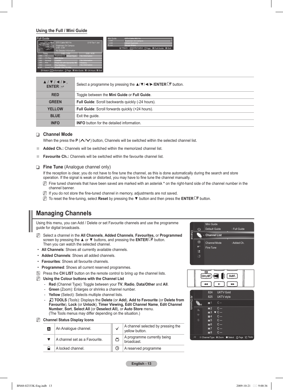 Managing channels, Channel mode, Fine tune ❑ (analogue channel only) | Using the full / mini guide | Samsung PS63B680T6W User Manual | Page 13 / 644