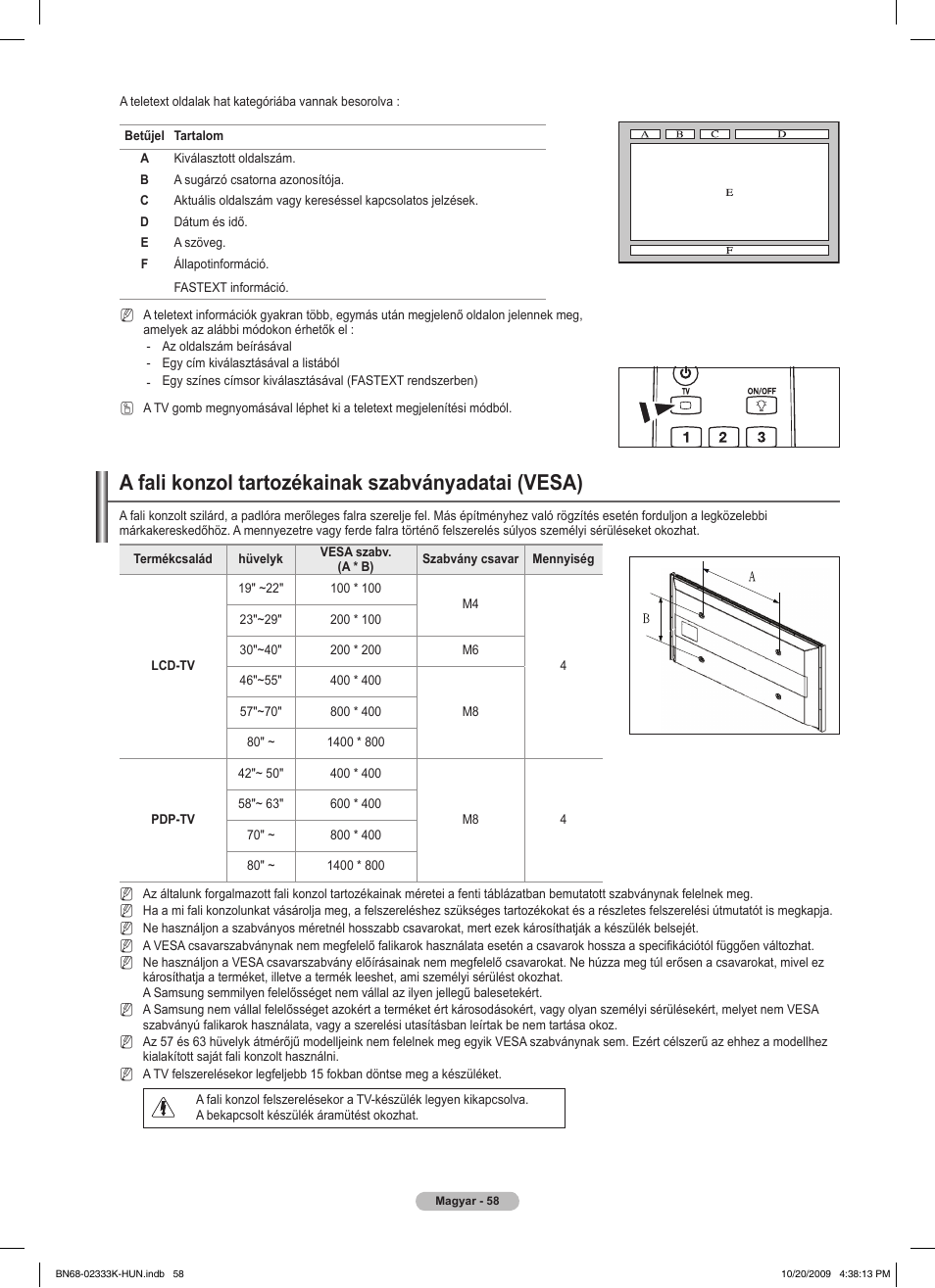 A fali konzol tartozékainak szabványadatai (vesa) | Samsung PS63B680T6W User Manual | Page 132 / 644